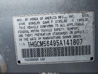 2005 Honda Accord, VIN 1HGCM56495A141807. Фото 4 з 6 з аукціону IAAI. Каталог авто зі США OpenDataCar.